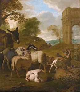 Pastorale De Moutons Avec Un Ane, Pastorale De Moutons Avec Une Vache (pair) by Jan Vermeer van Haarlem III