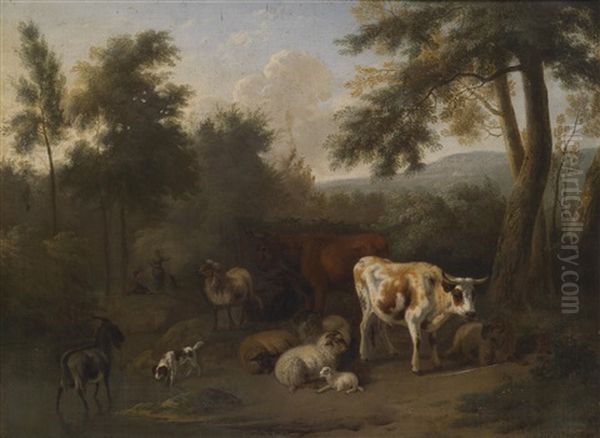 Bewaldete Landschaft Mit Lagerndem Vieh Und Hirten - view 1