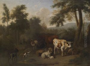 Bewaldete Landschaft Mit Lagerndem Vieh Und Hirten