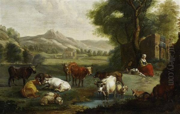 Vieh In Weiter Landschaft Mit Figurenstaffage - view 1