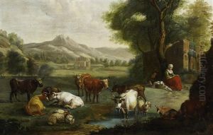 Vieh In Weiter Landschaft Mit Figurenstaffage by Jan Vermeer van Haarlem III