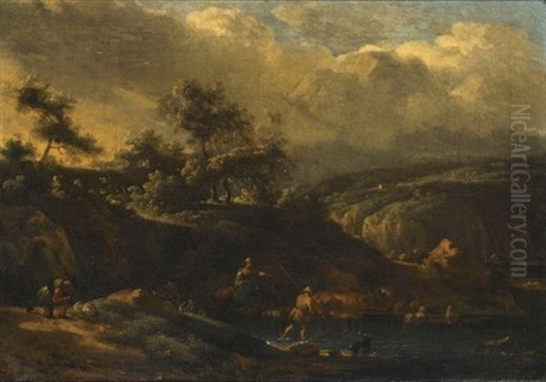 An Italianate Landscape With Shepherds Crossing A Stream With Their Flock - view 1