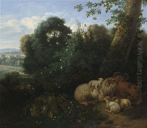 A Flock Of Sheep Under A Tree With A Classical Landscape Beyond