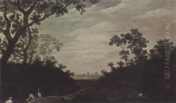 Goats, Storks And A Swan In A Wooded Landscape - view 1