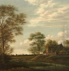 Deux Personnages Devant Une Chaumiere Dans Un Paysage