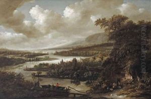 A Wooded River Landscape With Fishermen In A Boat And Hunters On A Track, A Town Beyond