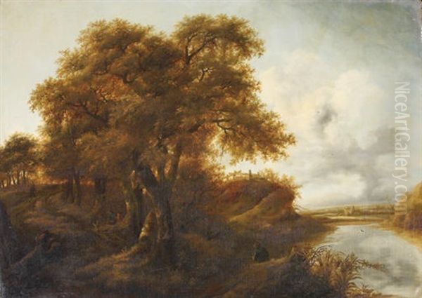 A Wooded River Landscape With Travellers On A Track - view 1
