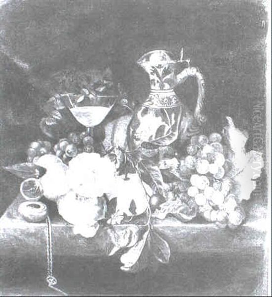 A Still Life Of Flowers And Fruit With A Chinese Pitcher And A Glass Of Wine All Arranged On A Ledge - view 1
