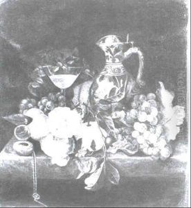 A Still Life Of Flowers And Fruit With A Chinese Pitcher    And A Glass Of Wine All Arranged On A Ledge by Barent (v. d. Meer) Vermeer