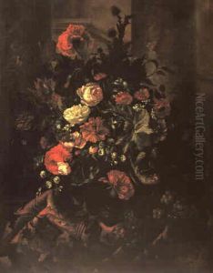 Roses, Carnations, Morning Glory And Otehr Flowers In An Urn On A Draped Ledge With Grapes And A Parakeet