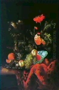 Still Life Of Fruit In A Blue And White Bowl With A Nautilus Cup On A Silver Dish With Flowers And A Rug On A Ledge by Barent (v. d. Meer) Vermeer