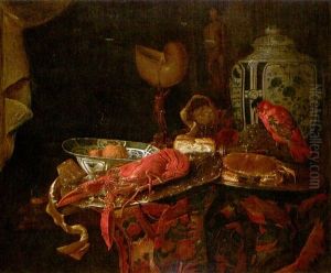 Still Life Of A Lobster On A Silver Platter, A Crab, A Parrot, Chinese Blue And White Porcelain by Barent (v. d. Meer) Vermeer