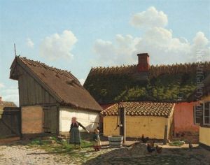 Two Sisters Looking At The Hens In The Courtyard