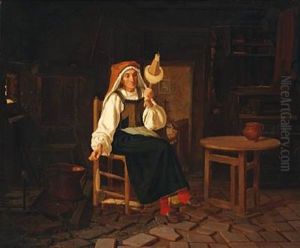 A Country Interior With An Elderly Italian Woman Spinning Yarn by Frederik Vermehren