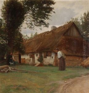 Two Women In Front Of A Thatched Farmhouse by Gustav Vermehren