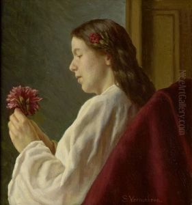 Bildnis Einer Frau Im Profil Mit Roter Dahlie
