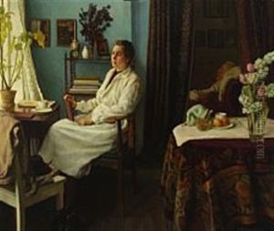 Interior With A Young Woman By The Window by Sophus Vermehren