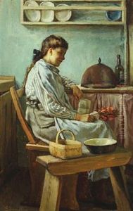 Interior With Young Woman In A Kitchen