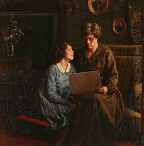Interior With A Mother Admiring Her Daughter's Drawing by Sophus Vermehren