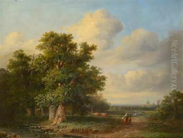Landschaft Mit Eichen Und Heimkehrender Mutter Mit Kind, Im Hintergrund Ortschaft - view 1