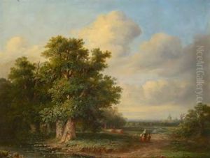 Landschaft Mit Eichen Und Heimkehrender Mutter Mit Kind, Im Hintergrund Ortschaft