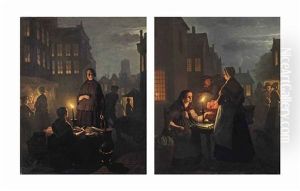 A Nocturnal Market Scene With A Poultry Seller; A Nocturnal Market Scene With A Vegetable Seller (pair) by Andre Vermeulen