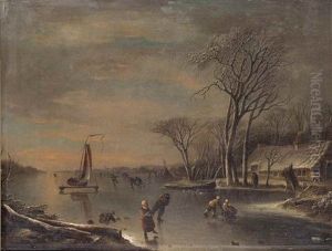 A Frozen River Landscape, With Skaters And Children On The Ice By A Cottage by Andries Vermeulen