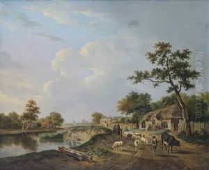 A River Landscape With A Shepherd And Other Figures On A Track Near A Farmhouse, Horsemen Before A Mansion In The Distance by Andries Vermeulen