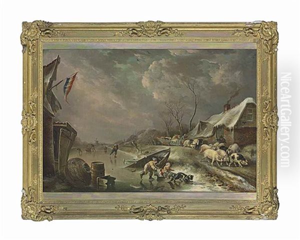 A Frozen River Landscape, With Skaters And Children On The Ice, Pigs And A Wagon On A Road By A Cottage - view 1