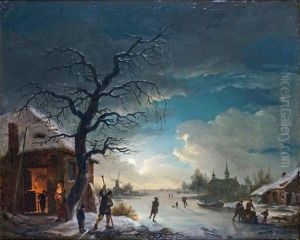 Patineurs Sur Un Lac Gele Au Clair De Lune by Andries Vermeulen