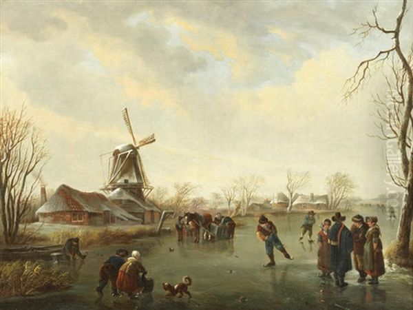 Figures Skating On A Frozen River By A Windmill - view 1