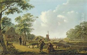A Wooded River Landscape With A Shepherd And His Flock Conversing With A Traveller On A Track, A City Beyond by Andries Vermeulen