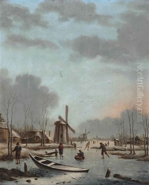 A Winter Landscape With Figures Skating On A Frozen Lake, Windmills Beyond - view 1