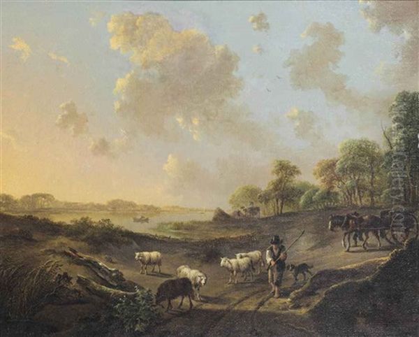 A River Landscape With A Shepherd And His Flock And A Horse Drawn Cart - view 1