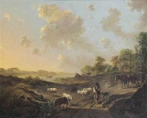 A River Landscape With A Shepherd And His Flock And A Horse Drawn Cart by Andries Vermeulen