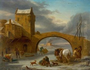 Pont Traversant Une Riviere Gelee Animee De Promeneurs by Cornelis Vermeulen