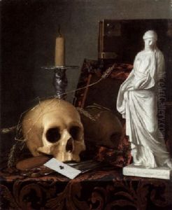 A Vanitas Still Life Of A Skull, A Guttering Candle, A Tortoiseshell Mirror, A Book, A Statue And A Pack Of Cards by Cornelis Vermeulen