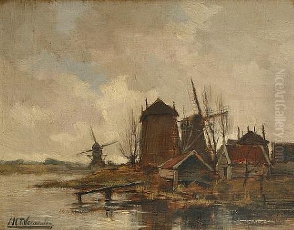 Dutch Windmills By A Lake - view 1