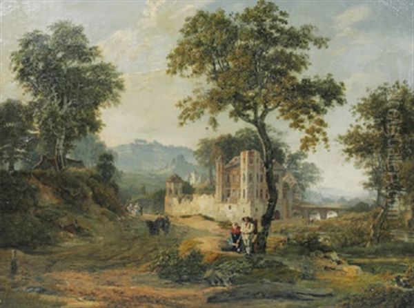 Romantische Waldlandschaft Mit Rastenden Bauern Und Wanderer Vor Einem Schlos - view 1