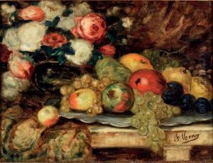 Nature Morte Aux Roses Et Fruits D'automne by Francois Vernay