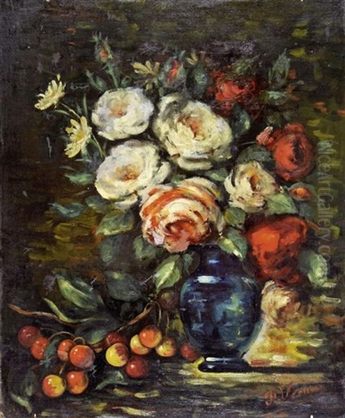 Vase De Roses Et Branche De Cerises - view 1