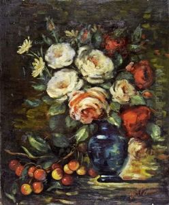 Vase De Roses Et Branche De Cerises by Francois Vernay