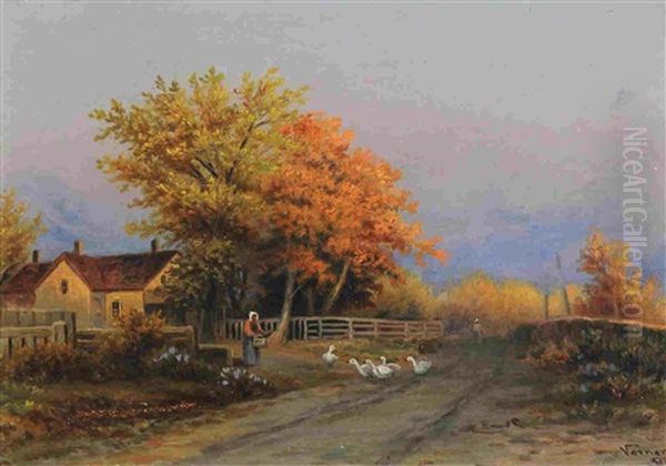 Farmhouse With Figures And Geese On A Country Path - view 1
