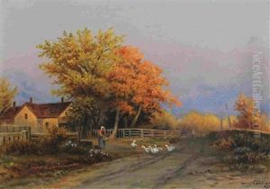 Farmhouse With Figures And Geese On A Country Path
