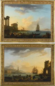 Morning: A Mediterranean Harbour Scene With Fishermen Laying Out Their Nets; Evening: A Mediterranean Harbour Scene With Fishermen And Their Catch by Vernet Claude Joseph