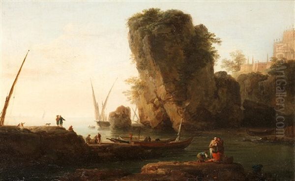 A Cove On A Rocky Mediterranean Coast, With Small Vessels And Fishermen - view 1