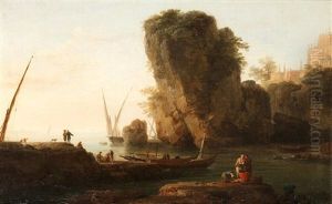 A Cove On A Rocky Mediterranean Coast, With Small Vessels And Fishermen A Cove On A Rocky Mediterranean Coast, With Small Vessels And Fishermen