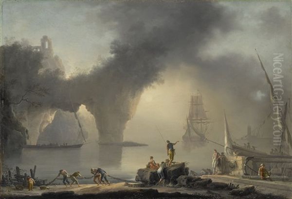 View Of A Mediterranean Port At Sunrise, With Fishermen Along The Shore In The Foreground, A Natural Bridge Beyond - view 1