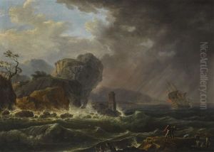 A Landscape With Fishermen On A Rock, With Ships Beyond In Heavy Seas A Landscape With Fishermen On A Rock, With Ships Beyond In Heavy Seas