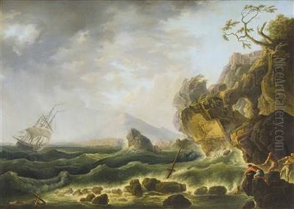Sturmische Kustenlandschaft Mit Dreimaster Und Bergenden - view 1